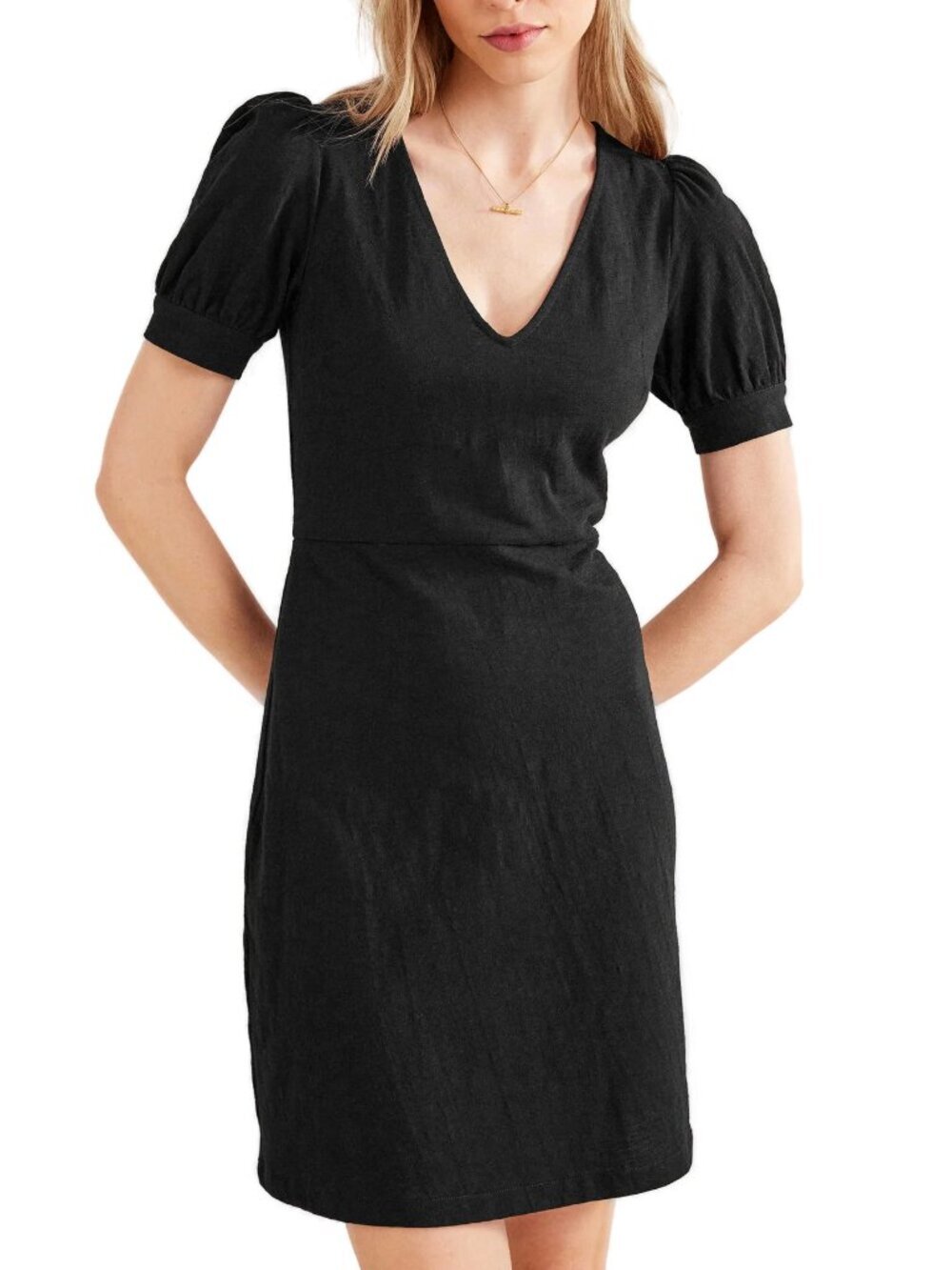Boden Black V-Neck Jersey Mini Dress Size 12 NEW Pleat Detail Cotton